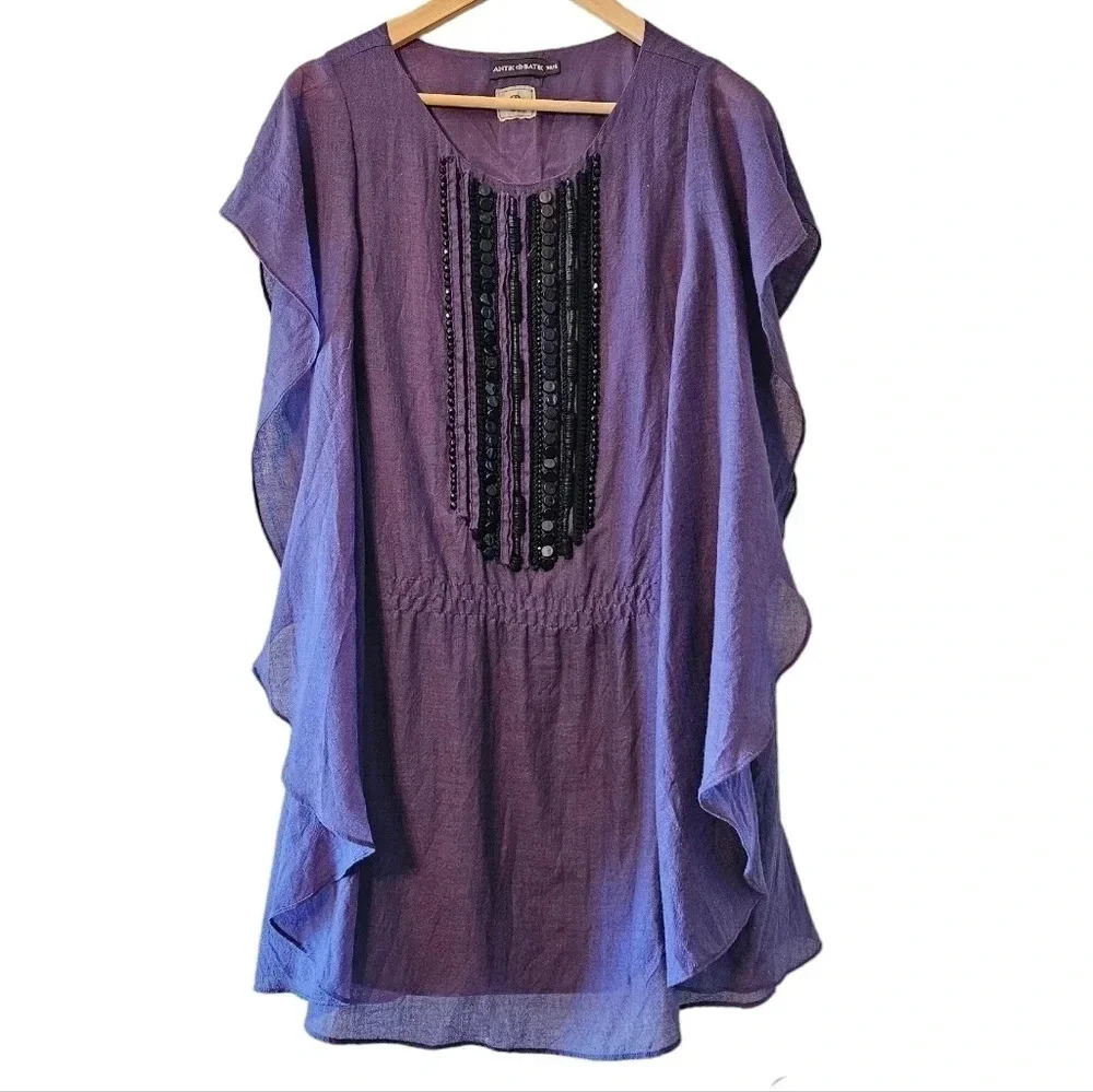 Antik Batik Embellished Draped Ruffle Wool Boho Mini Dress Purple Size Small. - Picture 2 of 16
